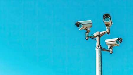 High-resolution image of two surveillance cameras on a pole with a backdrop of a clear blue sky, focusing on their role in urban surveillance.の素材