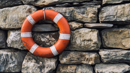 Life ring affixed to a stone wall, showcasing its design and functionality within a rustic, emergency preparedness context.の素材