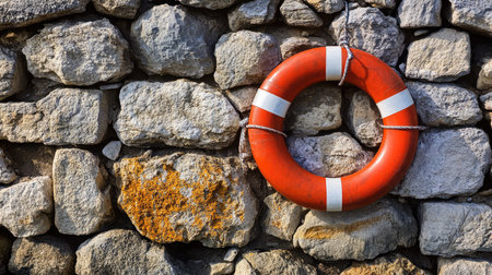 Life ring affixed to a stone wall, showcasing its design and functionality within a rustic, emergency preparedness context.の素材