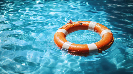 Life buoy floating on the surface of a sparkling blue swimming pool, emphasizing its role in preventing drowning and enhancing water safety. -の素材