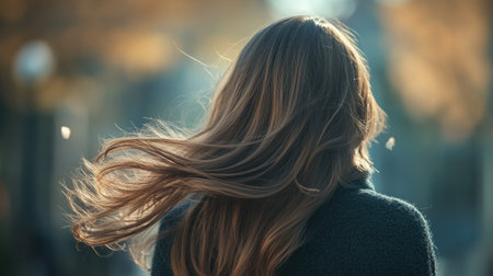 Back view of a young woman with long, silky hair swaying gently in the breeze. The soft texture and shine of her hair are highlighted against a blurred background.の素材