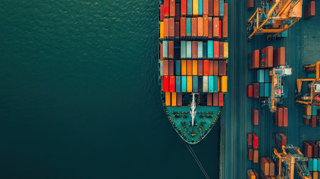 Dockside view of a container cargo vessel being loaded and unloaded, focusing on the logistics of global trade and transport.の素材