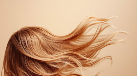 Lively, voluminous hair cascading with energy against a smooth beige background, showing health and natural movement in a graceful style.の素材