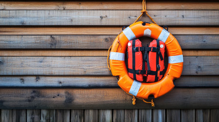 Orange life jacket and lifebuoy against a wooden backdrop, ideal for depicting essential rescue gear used for safety on the water.の素材