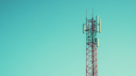 A wireless communication tower with a clear sky in the background, leaving ample open space for copy.の素材