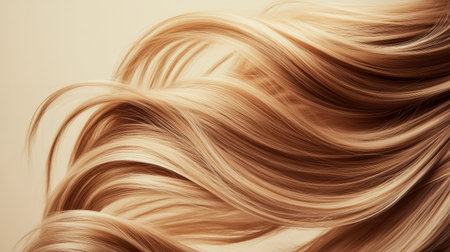 Close-up of vibrant, bouncy hair strands in motion on a neutral beige backdrop, highlighting natural shine and texture.の素材