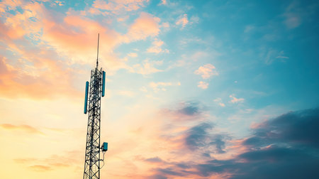A wireless communication tower with a clear sky in the background, leaving ample open space for copy.の素材