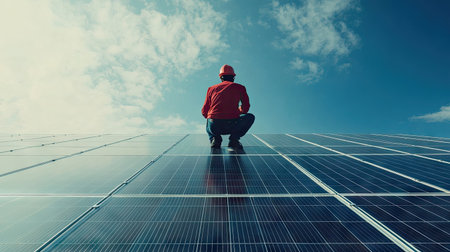 A technician inspecting solar cells on a roof with a clean background sky providing ample space for text.の素材