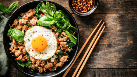 Experience the rich flavors of Thai cuisine with this traditional stir-fried pork dish topped with a sunny-side-up egg and fresh basil, perfect for any meal.の素材