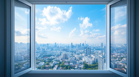 A view from an open window overlooking a cityscape, with clear space in the sky and buildings for copy placement.の素材