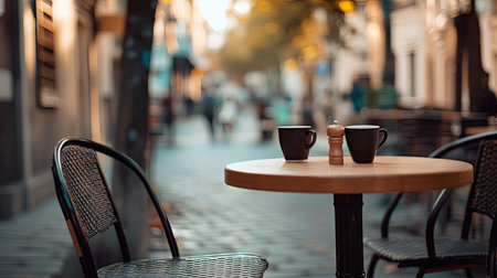 A small caf table with chairs, empty but inviting, with a blurred street background for text.の素材