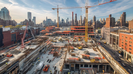A wide view of a construction site with cranes and trucks, leaving ample space above and around for copy.の素材