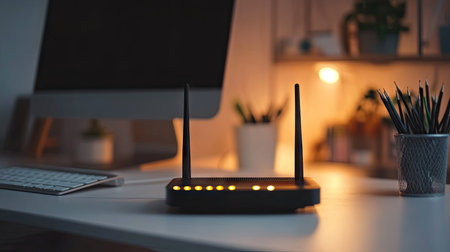 A wireless router on a desk with its lights glowing, surrounded by a clean workspace for adding copyの素材