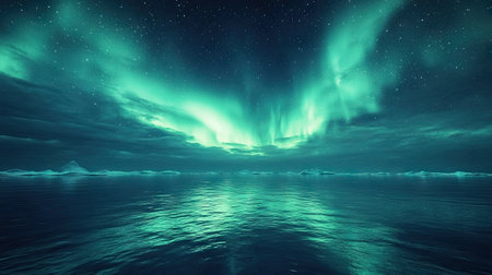 Northern Lights glowing over a calm sea with the night sky providing space for copy.の素材