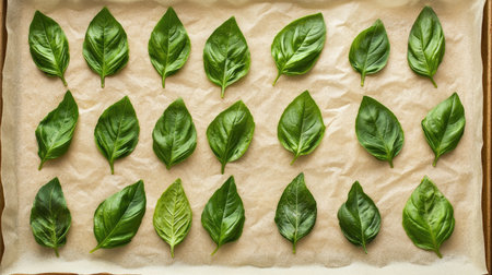 Fried basil leaves arranged neatly on a parchment-lined tray, with plenty of open space for copy.の素材