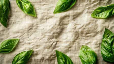 Fried basil leaves on a textured cloth or mat, viewed from above with plenty of space for adding text.の素材