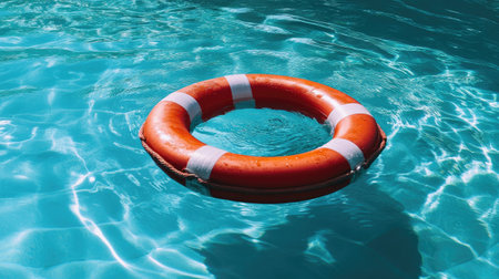 Bright red life buoy floating in a crystal-clear blue swimming pool, emphasizing safety and rescue equipment in aquatic environments.の素材