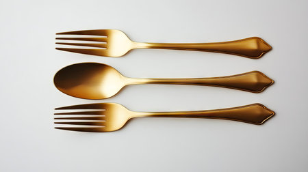 A luxurious golden spoon and fork set neatly placed on a clean white background. Elegant and sophisticated cutlery for upscale dining settings.の素材