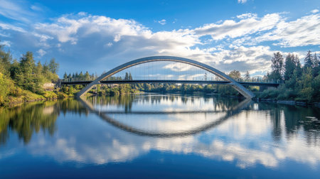 A wide-angle view of a modern bridge spanning a calm river, with ample space in the sky and river for adding text.の素材
