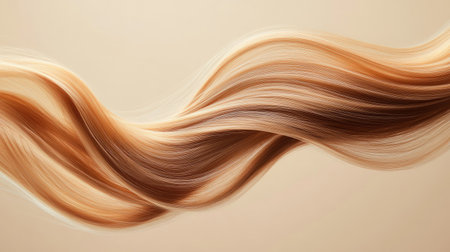 Close-up of vibrant, bouncy hair strands in motion on a neutral beige backdrop, highlighting natural shine and texture.の素材