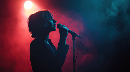 A solo singer holding a microphone, with a spotlight on them and a blurred background providing ample space for adding text.の素材