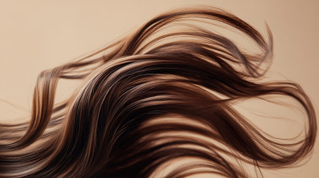 Close-up of lively, voluminous hair captured mid-motion against a neutral beige background, highlighting natural shine and vitality.の素材