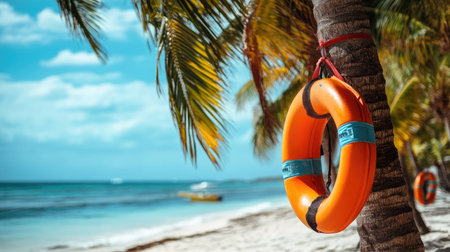 Emergency rescue equipment in the form of tubes, hanging from palm trees on a sunny beach, emphasizing the integration of safety tools in vacation spots. -の素材