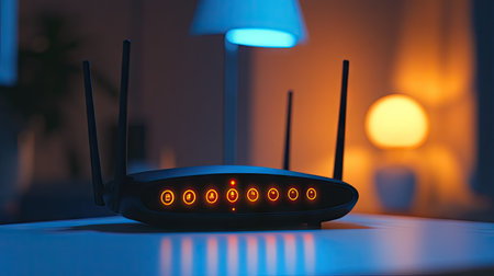 A wireless router with glowing indicators on a desk, with a simple backdrop providing room for text.の素材