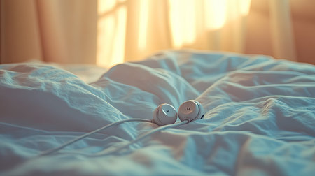 Earphones resting on a bed with a soft-focus background, providing ample space for text or copy.の素材