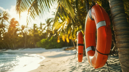 Emergency rescue tubes hanging from coconut palms on a sunny beach, highlighting essential life-saving equipment in a tropical setting.の素材