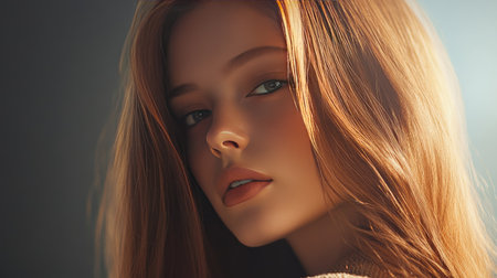 Glamorous model with straight, smooth brown hair styled elegantly, showcasing the shine and health of her hair under studio lighting. -の素材