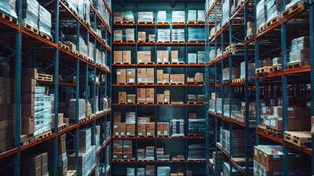 Interior of a logistics warehouse showing multiple levels of stored inventory, with shelves stacked high with boxes and goods in an efficient layout.の素材