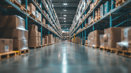 Industrial-scale warehouse with goods scattered across shelves in the background, captured with a blur effect to focus on the vastness of the storage spaceの素材
