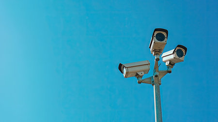 High-resolution image of two surveillance cameras on a pole with a backdrop of a clear blue sky, focusing on their role in urban surveillance.の素材