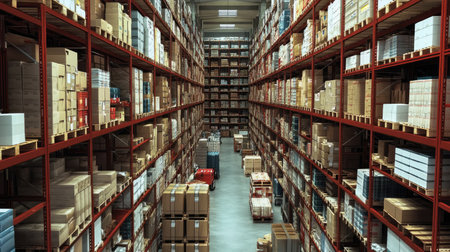 Interior of a logistics warehouse showing multiple levels of stored inventory, with shelves stacked high with boxes and goods in an efficient layout.の素材