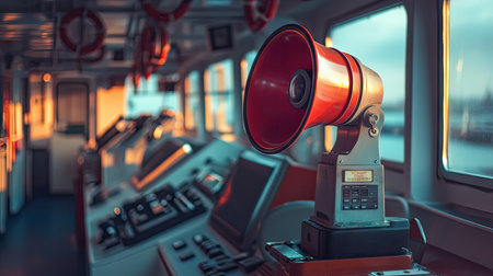 A marine megaphone for emergency alarms in the ship's bridge, with nautical equipment in the background. Focuses on safety tools used on board for crisis management.の素材