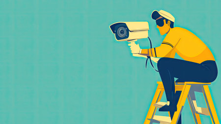 A technician on a stepladder fixing a CCTV camera, highlighting the installation and maintenance of video surveillance systems in a professional setting.の素材