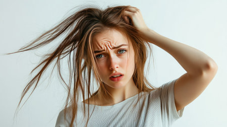 A woman pulling at her brittle hair with a pained expression, showcasing split ends and visible hair damage in a simple studio setting.の素材