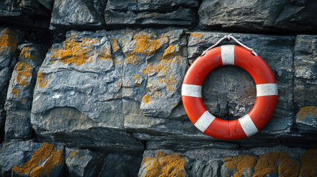 Bright life ring mounted on a rugged stone wall, showcasing essential rescue equipment against a textured backdrop.の素材