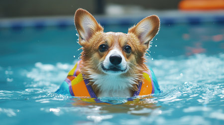 A Corgi in a colorful life jacket swimming in a pool, showcasing hydrotherapy for pet rehabilitation and prevention of health issues.の素材