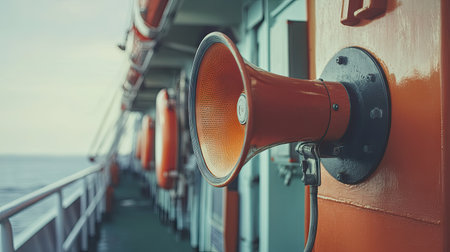 Close-up of a megaphone used for emergency alarms on a ship's deck. The device is prominently displayed, emphasizing its importance for safety and communication.の素材