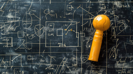 A whistle on a blackboard with tactical plans and diagrams, showcasing its essential role in communicating strategies during practice sessions.の素材
