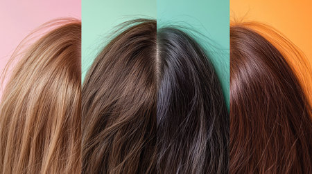 Close-up collage of a hair before and after dandruff treatment, set against vibrant color backgrounds. Detailed view of scalp changes.の素材