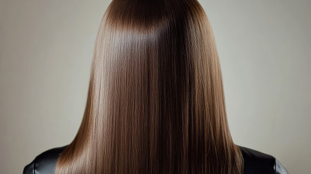 Back view of a woman with shiny, straight brown hair flowing seamlessly down her back, capturing the smoothness and healthy glow.の素材