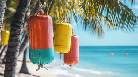Brightly colored rescue tubes suspended from palm trees on the beach, ready for emergency use and showcasing coastal safety measures.の素材