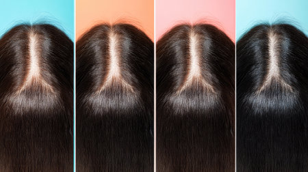 Collage of a woman scalp before and after dandruff treatment, with each shot on a different color background. Emphasizes the improvement in hair cleanliness.の素材