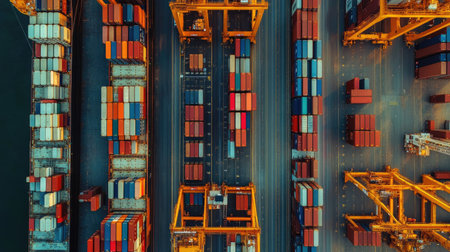 Comprehensive view of international logistics with containers being moved by ship, train, truck, and plane, highlighting the global infrastructure for import and export.の素材