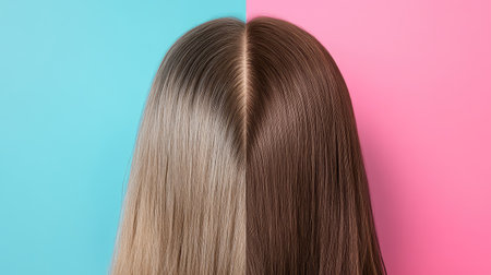 Comparison collage of a woman scalp before and after dandruff care, with colorful backgrounds highlighting the difference in flake reduction and scalp health.の素材
