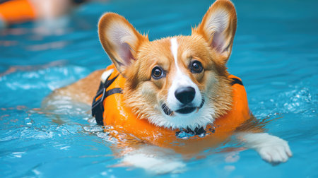Corgi dog wearing a life jacket swimming in a pool, engaging in pet rehabilitation and hydrotherapy for health and recovery. -の素材
