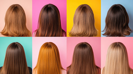 Collage showcasing a woman hair before and after dandruff treatment, with each image on a unique color background. Focus on clear, dandruff-free scalp.の素材